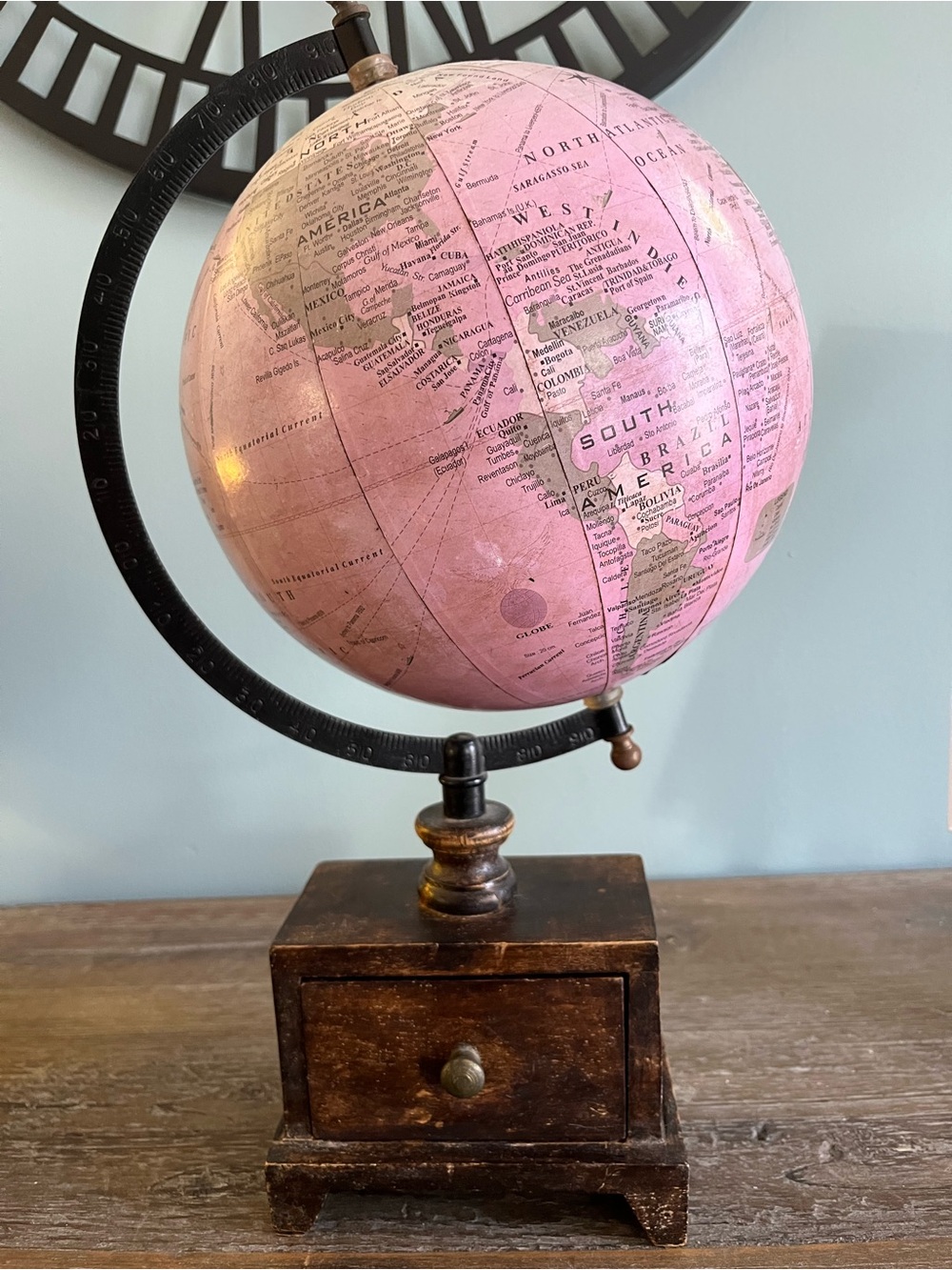Vintage Pink Decorative World Globe on Wooden Storage Trinket Drawer Base 15”